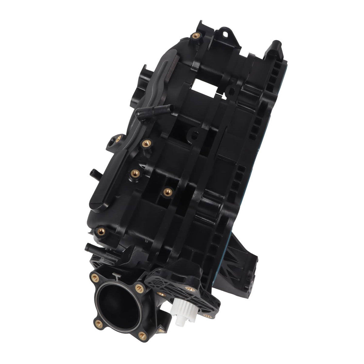 Black air intake manifold side view with gasket opening and outlet port