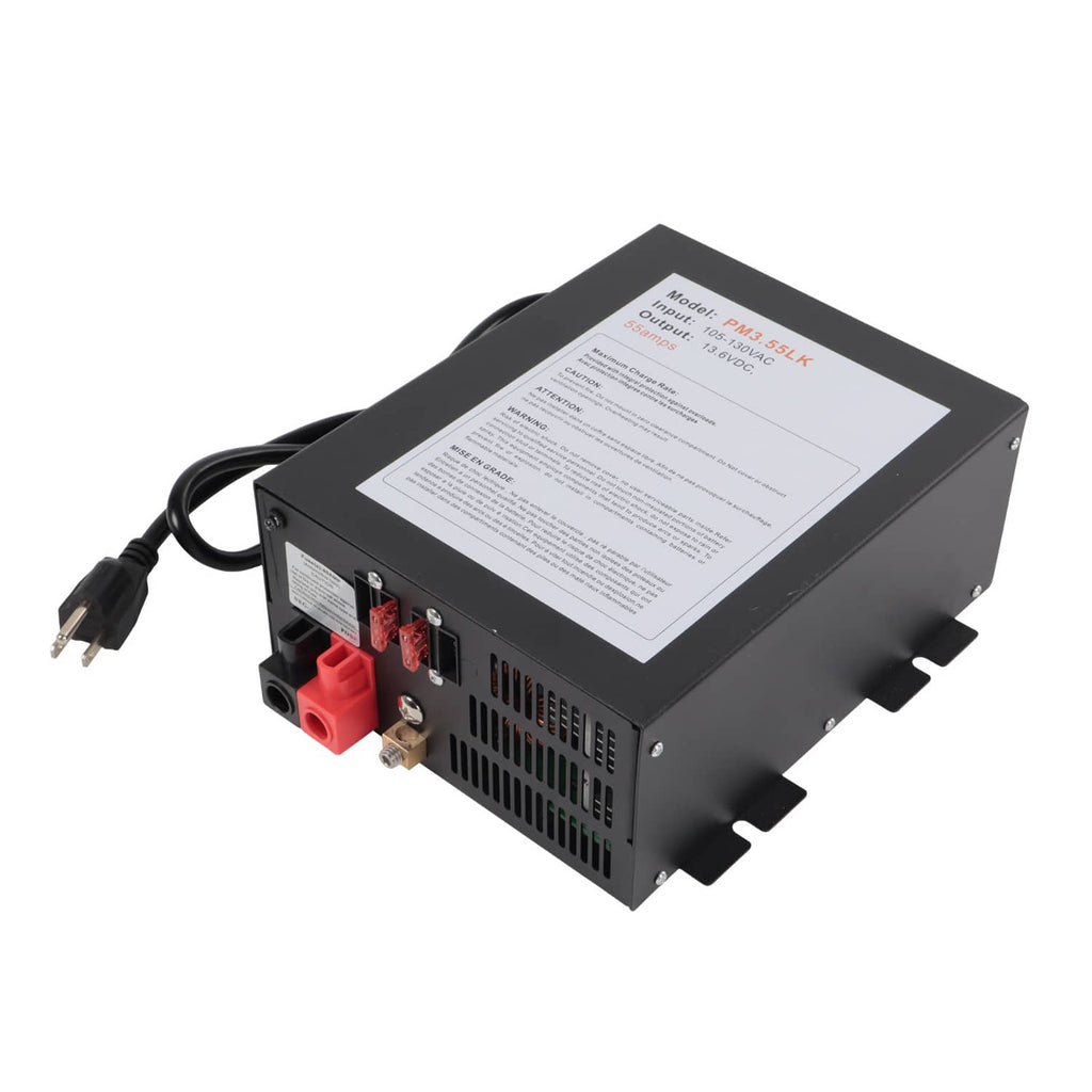 RV power converter angled view with side vent openings and red 12V terminal block