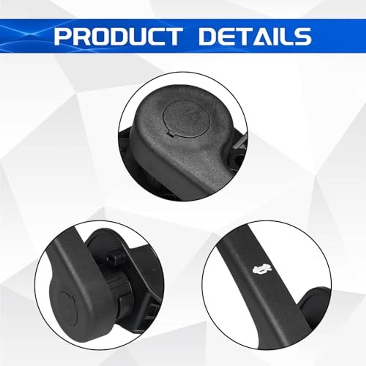 Black hood latch release handle close-up showing end button and side mounting clips