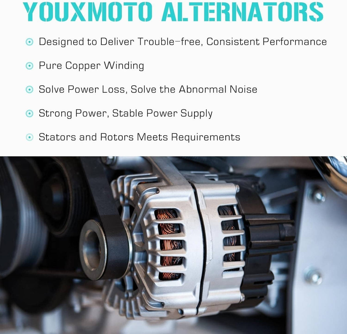 Alternator close-up with silver housing and copper windings, belt-driven side.
