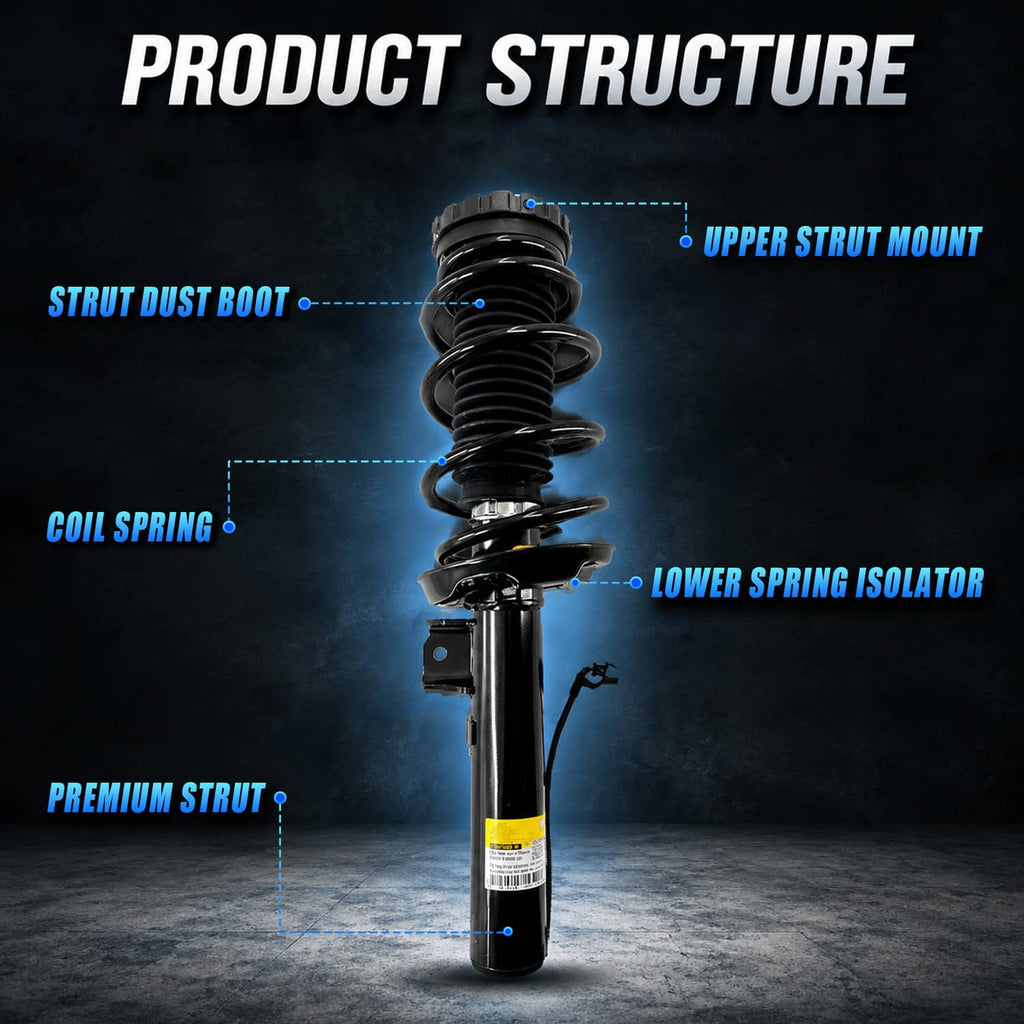 Single shock strut assembly cutaway with coil spring, dust boot, and upper mount