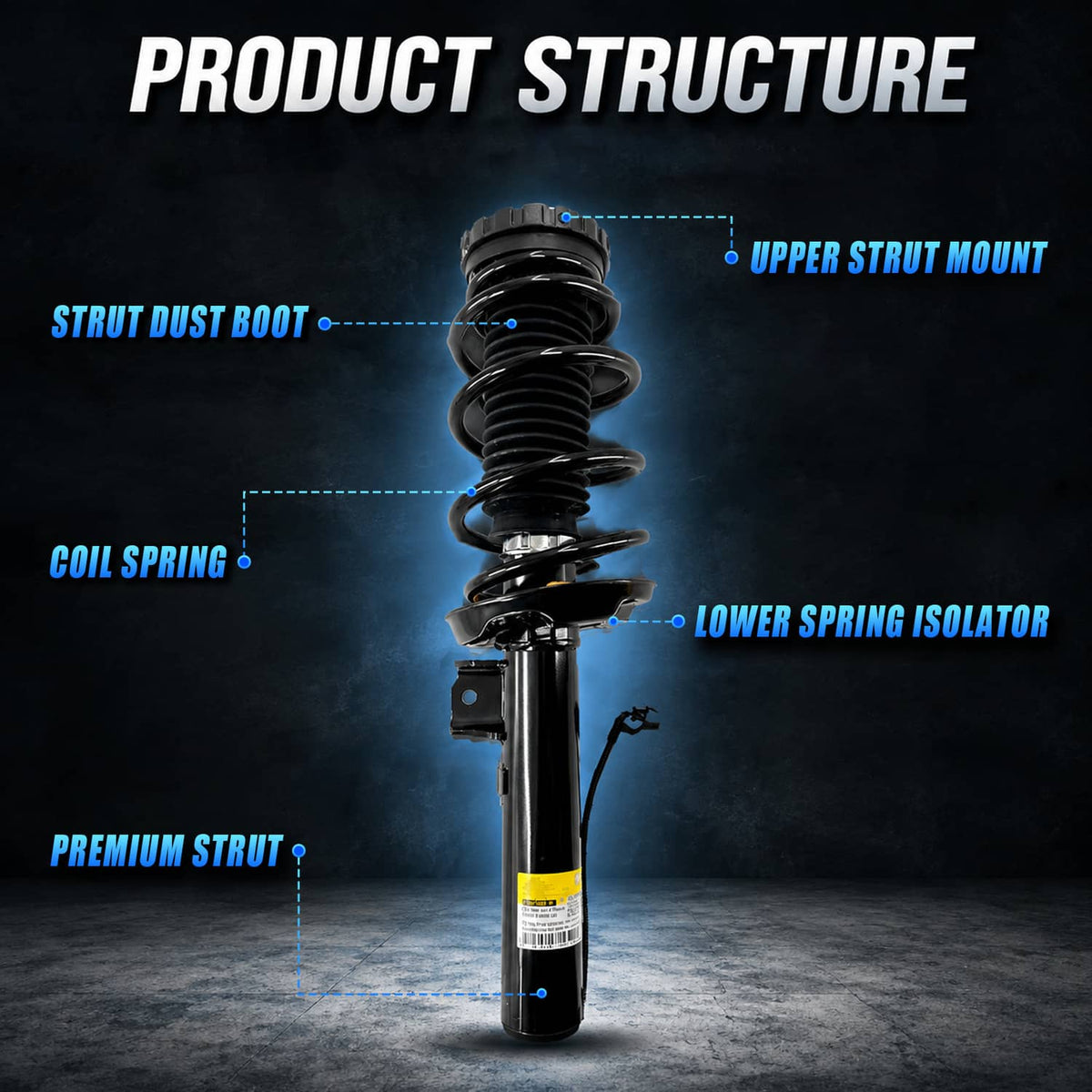Single shock strut assembly cutaway with coil spring, dust boot, and upper mount