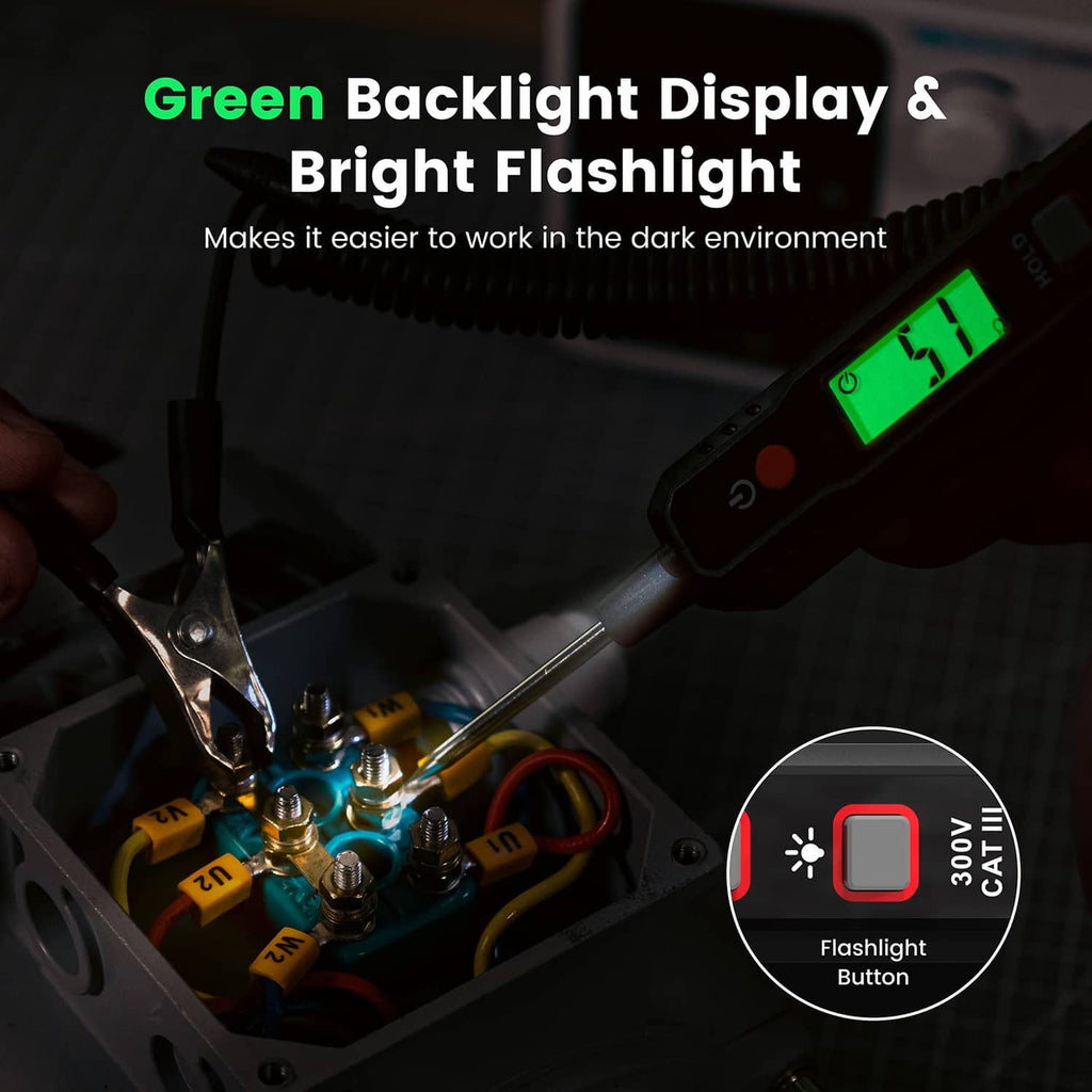 Automotive test light with green backlit display and built-in flashlight at workbench