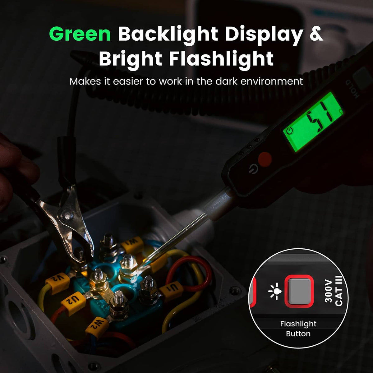 Automotive test light with green backlit display and built-in flashlight at workbench