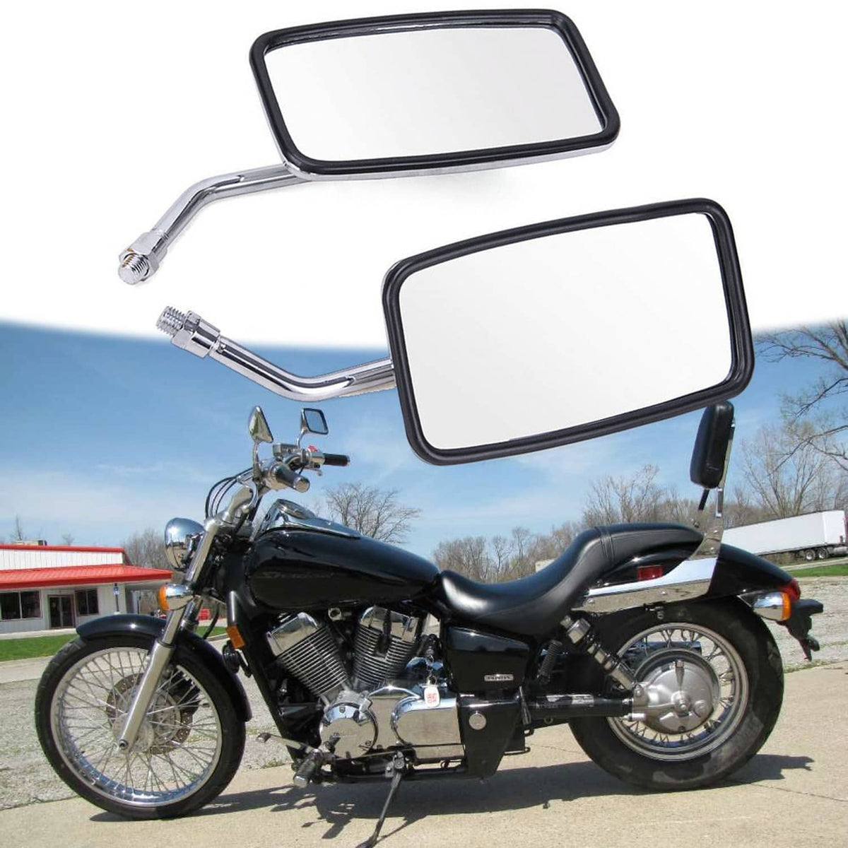 Universal square rearview mirror pair with black frames and chrome stems