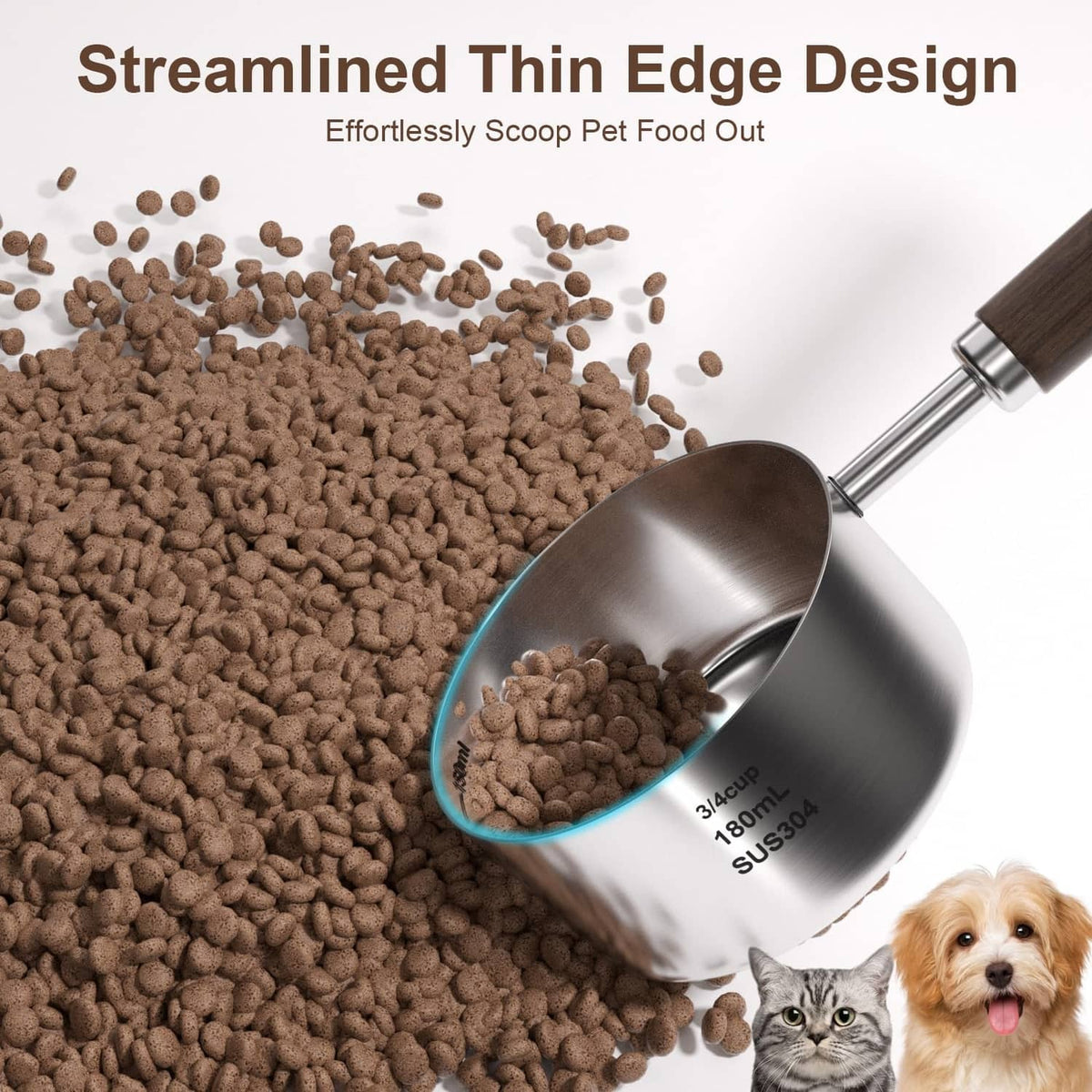 Stainless steel pet food scoop measuring cup with rounded scoop bowl