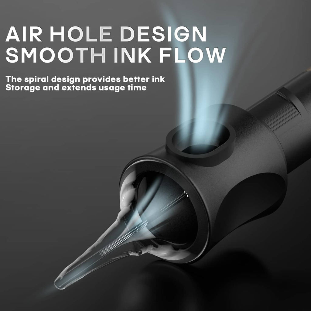 Single tattoo needle cartridge with black shell and clear needle tip with curved outlet