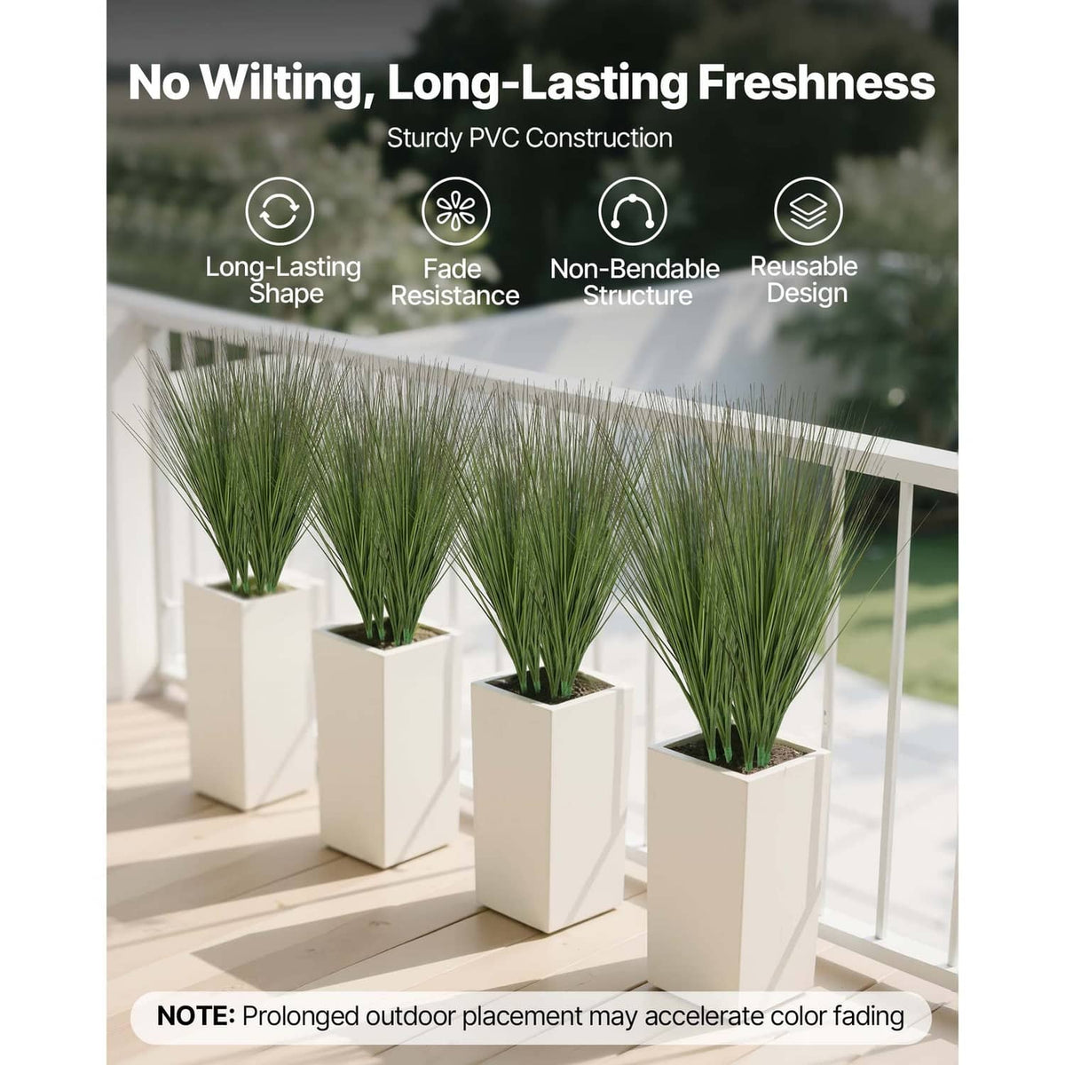 Artificial onion grass plant set in white square pots with long green blades