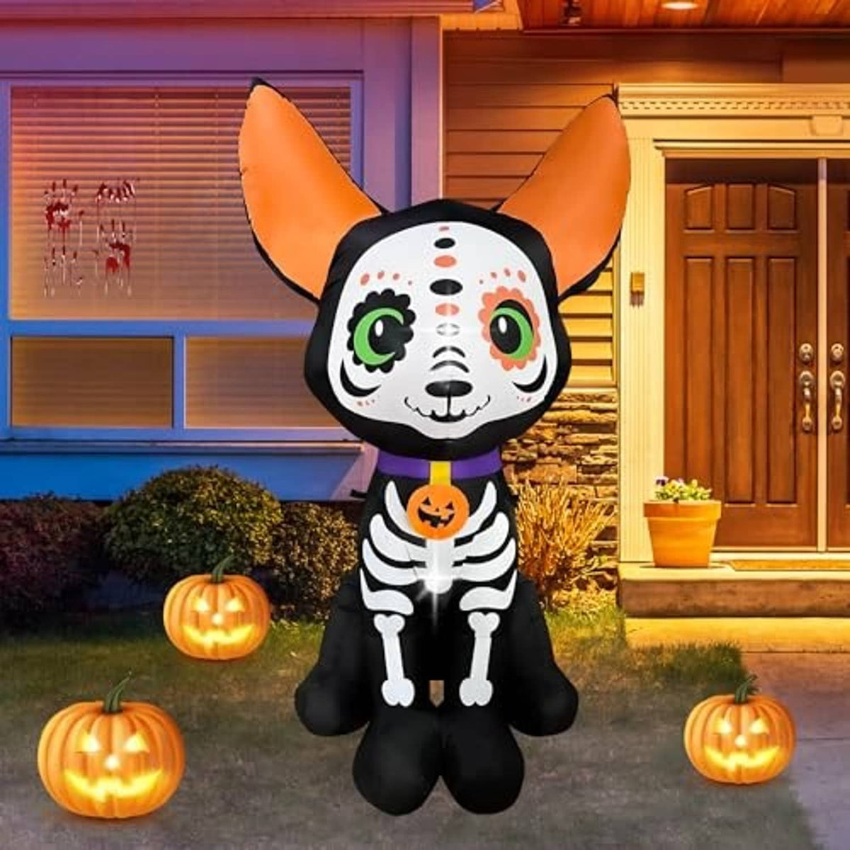 5 ft Halloween inflatable skeleton dog with orange ears and jack-o-lantern collar.