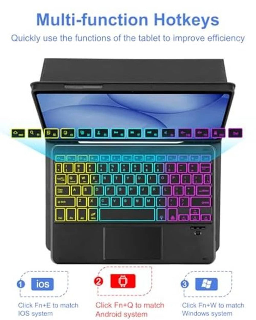 Black keyboard case with multi-function hotkeys and color backlit touchpad
