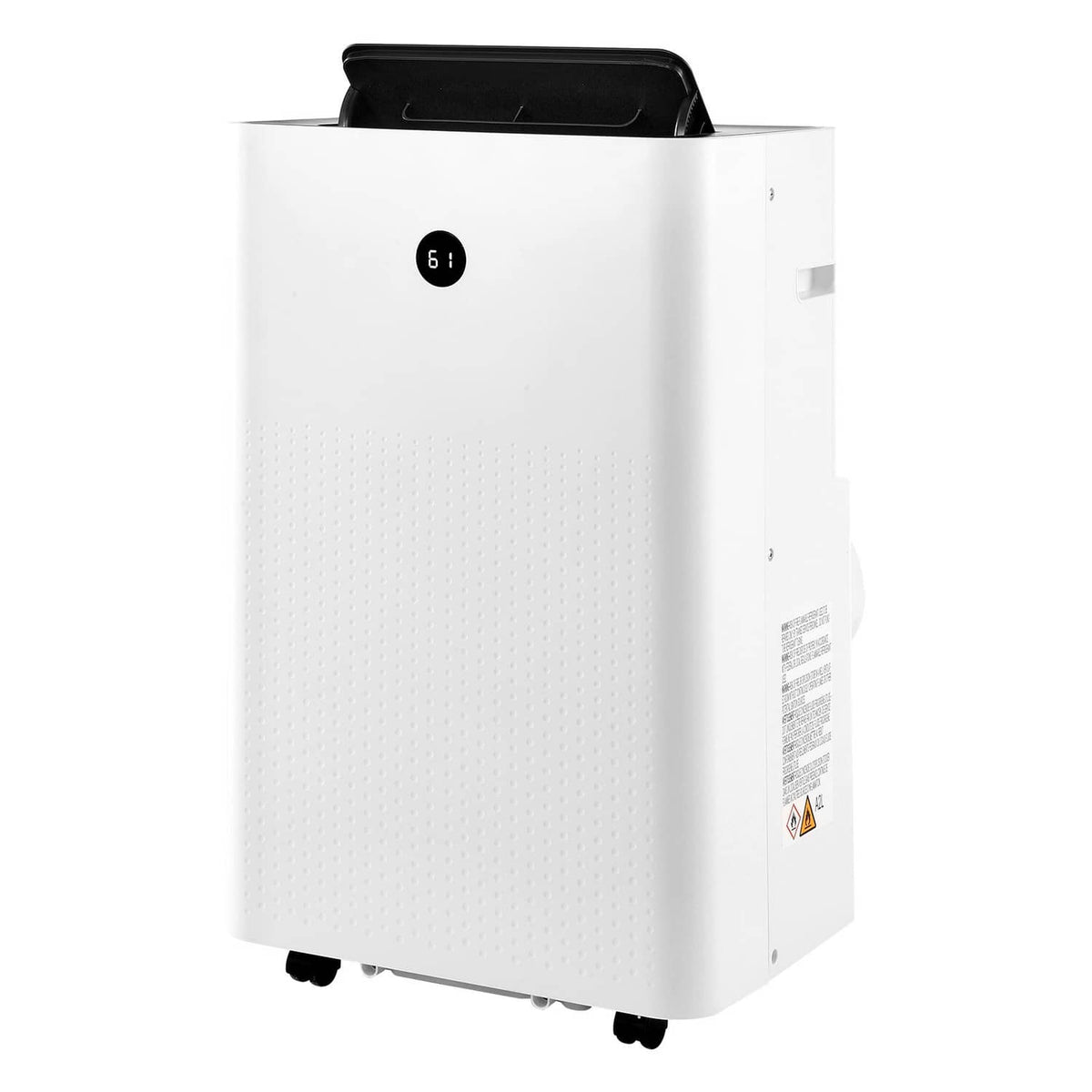 White portable air conditioner with top vent and caster wheels