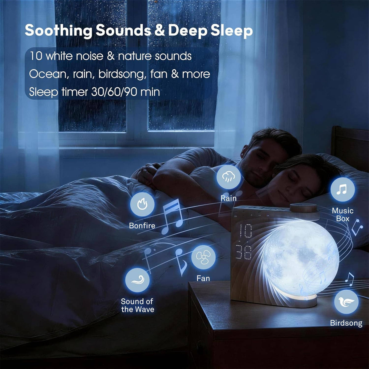 Moon alarm clock glowing softly on bed with moonlight illumination