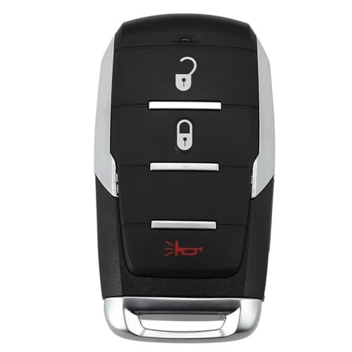 Black keyless remote key fob with two key icons and unlock/lock bars