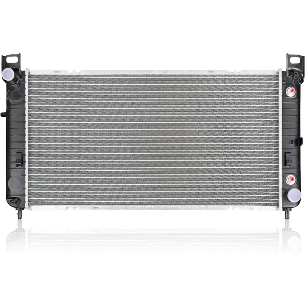 34-inch radiator with aluminum cooling fins and black plastic end tanks, side view