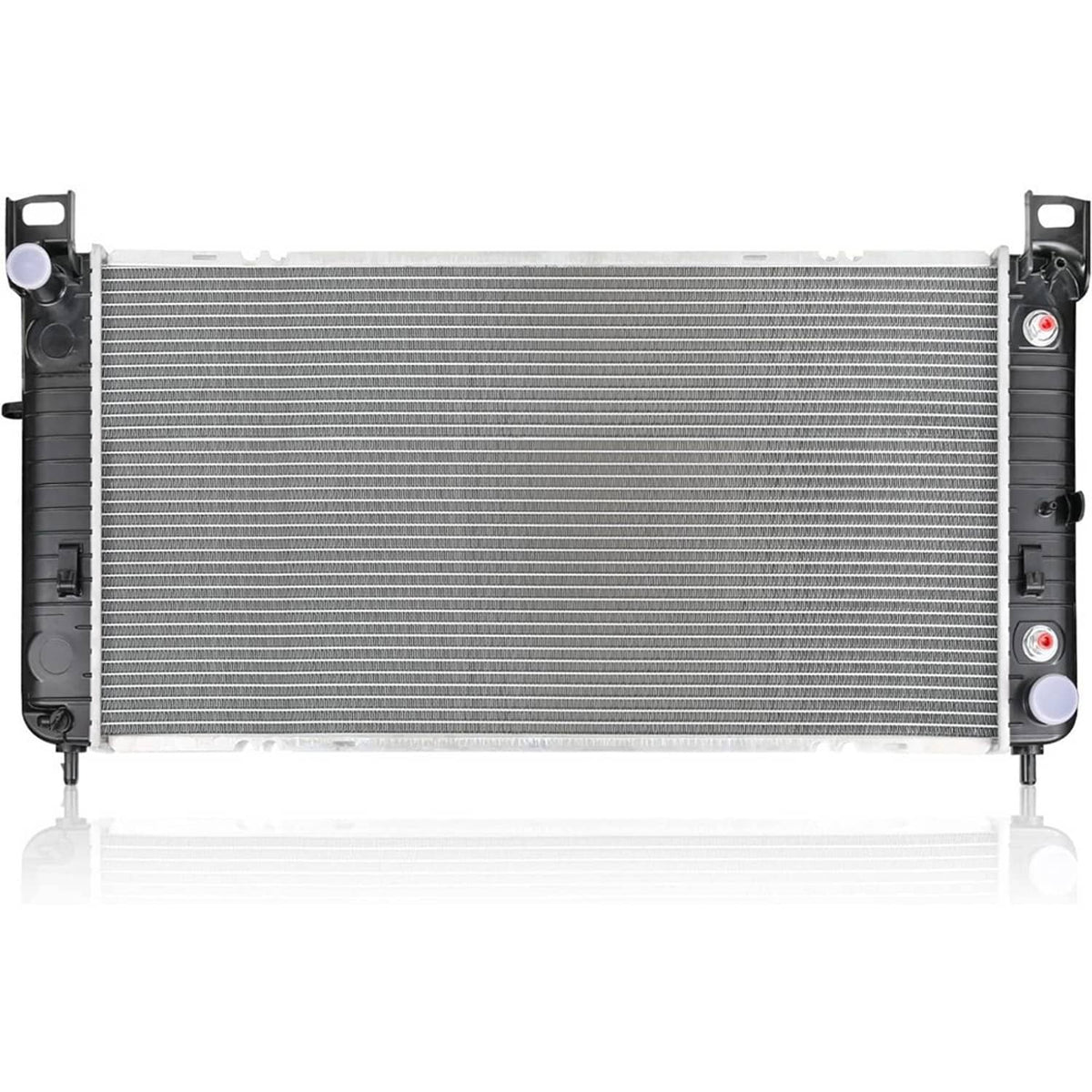 34-inch radiator with aluminum cooling fins and black plastic end tanks, side view