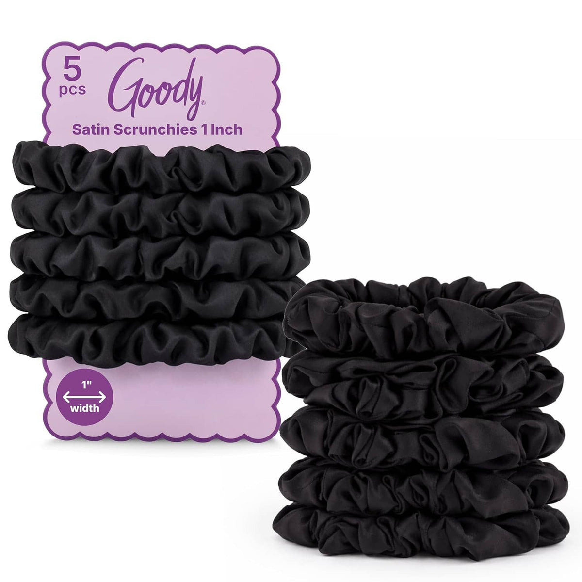 Set of black satin scrunchies with gathered ruffle texture, 1-inch width