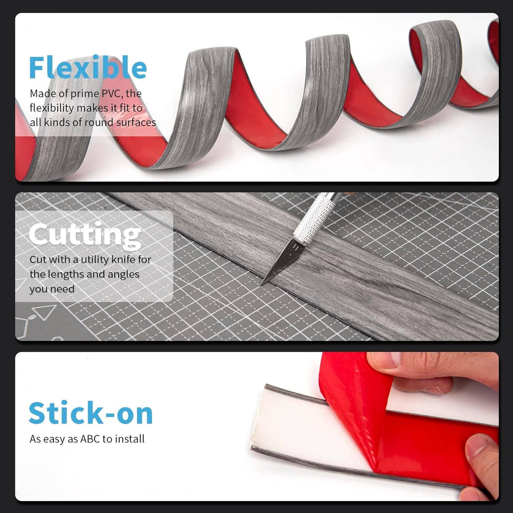 Gray woodgrain flexible self-adhesive vinyl transition strip roll with red backing