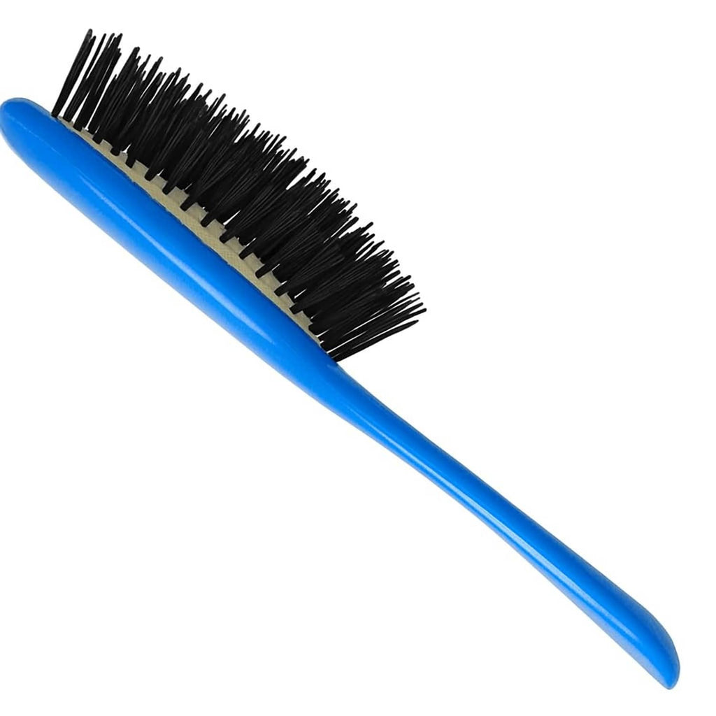 Electric blue hair brush with black bristle pad and slim curved handle