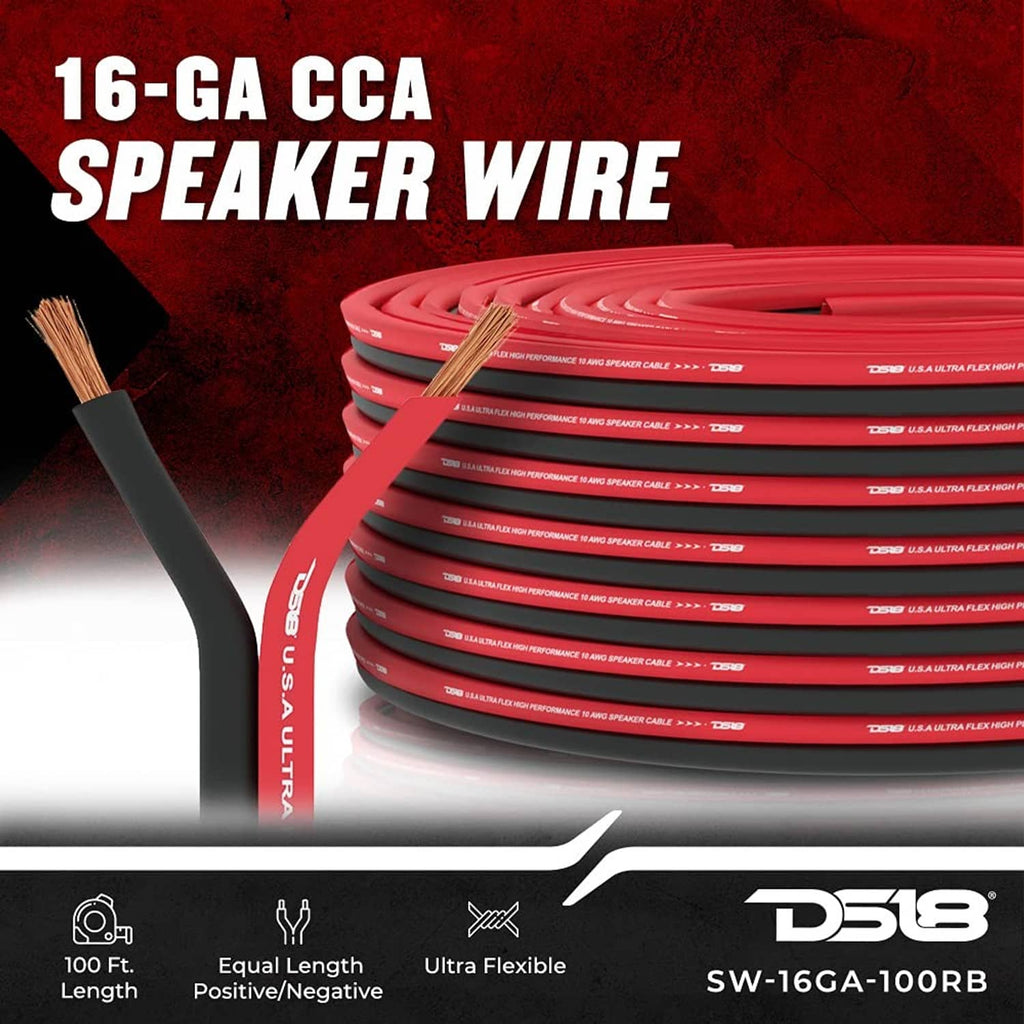 16-gauge CCA speaker wire coil with ultra-flexible red and black jacket