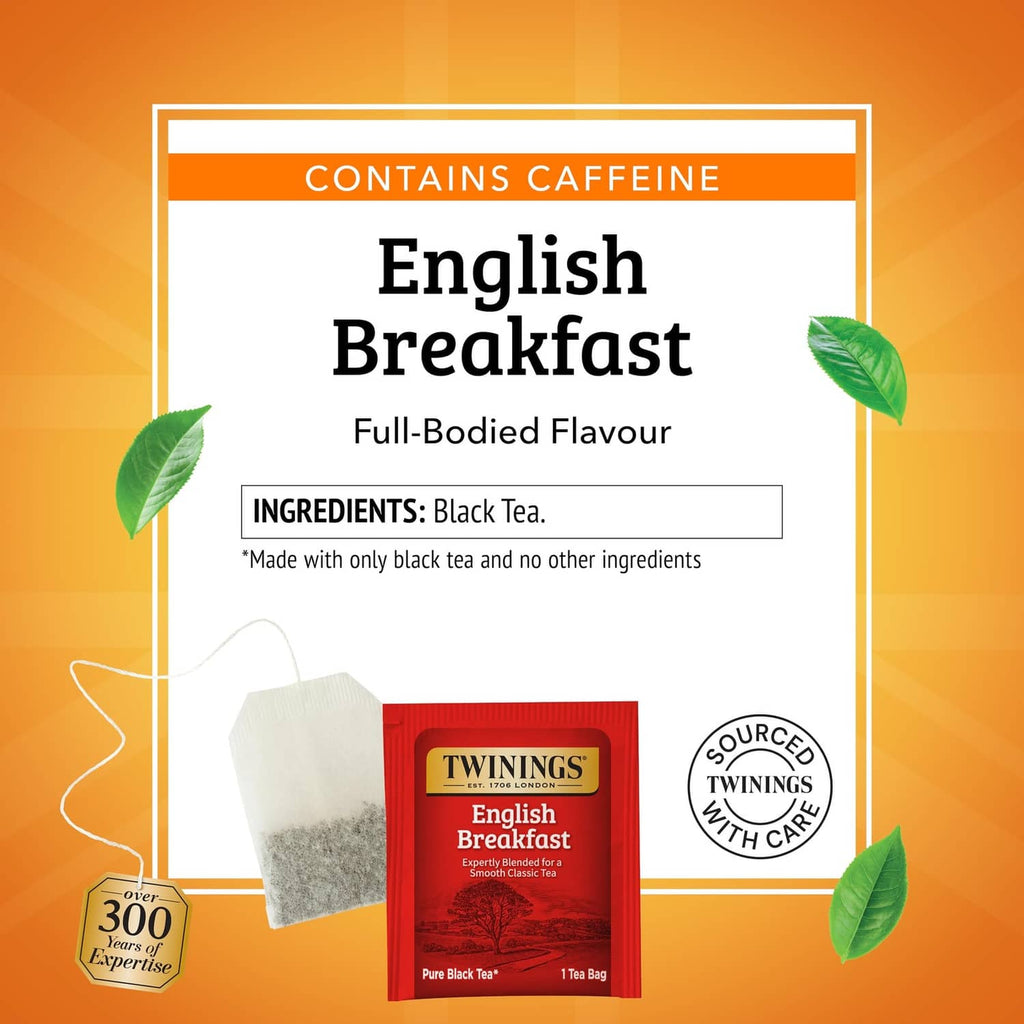 Twinings English Breakfast tea bag pack showing contains caffeine and black tea ingredients.