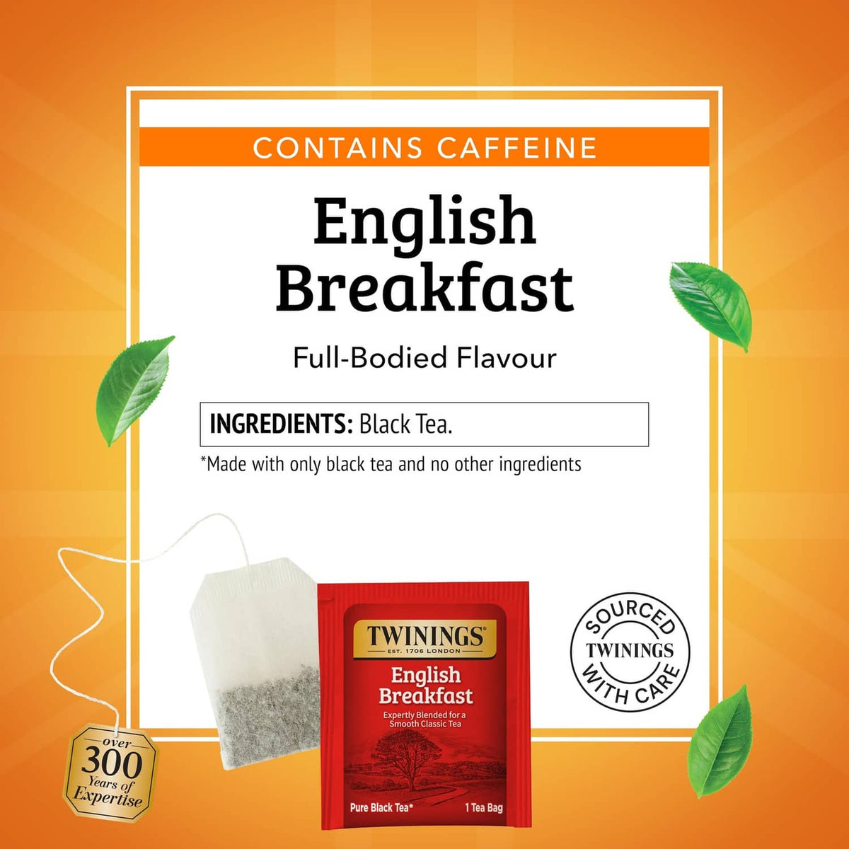Twinings English Breakfast tea bag pack showing contains caffeine and black tea ingredients.