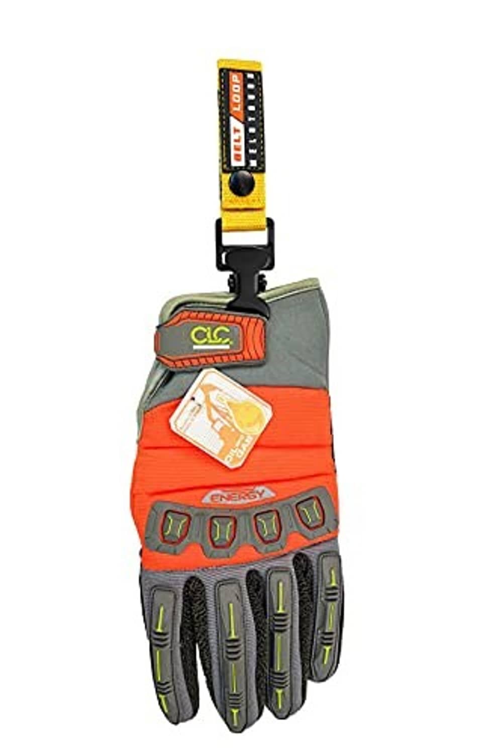 Work glove with orange and gray palms attached to yellow belt loop holder