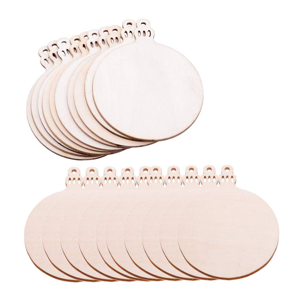 Pack of unpainted round wooden Christmas ornament blanks with hanging loop cutouts