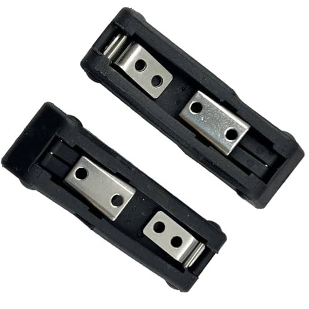 Two black latch brackets with silver metal guide plates and springs