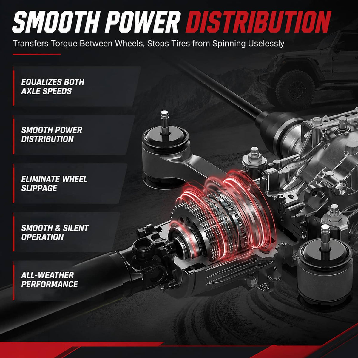 Rear differential viscous coupler with axle shaft and red coiled graphic accent