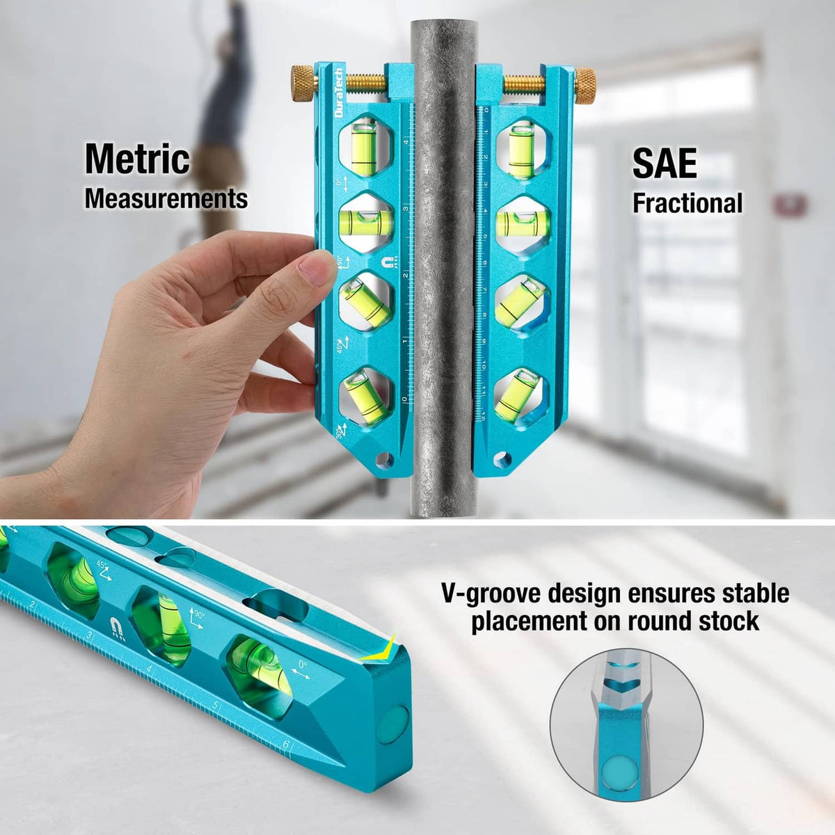 DURATECH torpedo level set for metric and SAE measurements with stable round-stock support
