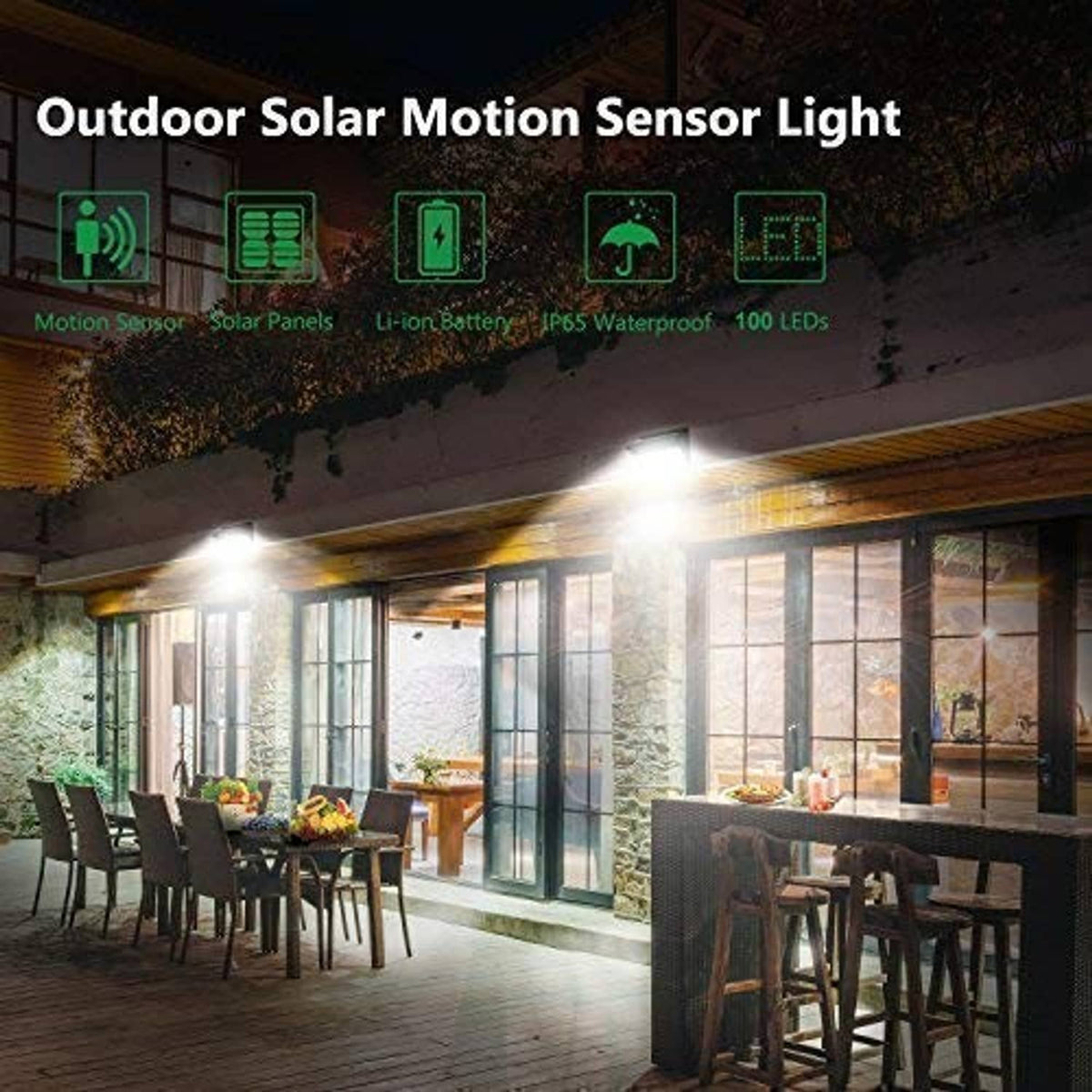 Outdoor solar motion sensor LED light with bright front glow and top solar panel