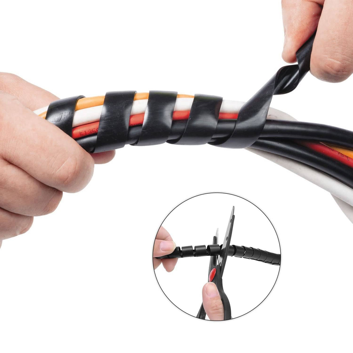 Hands installing black spiral cable wrap around cables using a squeezing tool