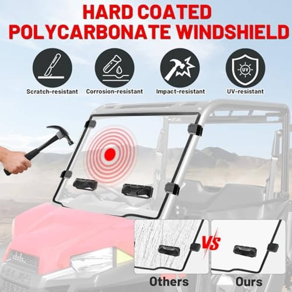Hard-coated polycarbonate windshield with scratch-resistant and UV-resistant icons