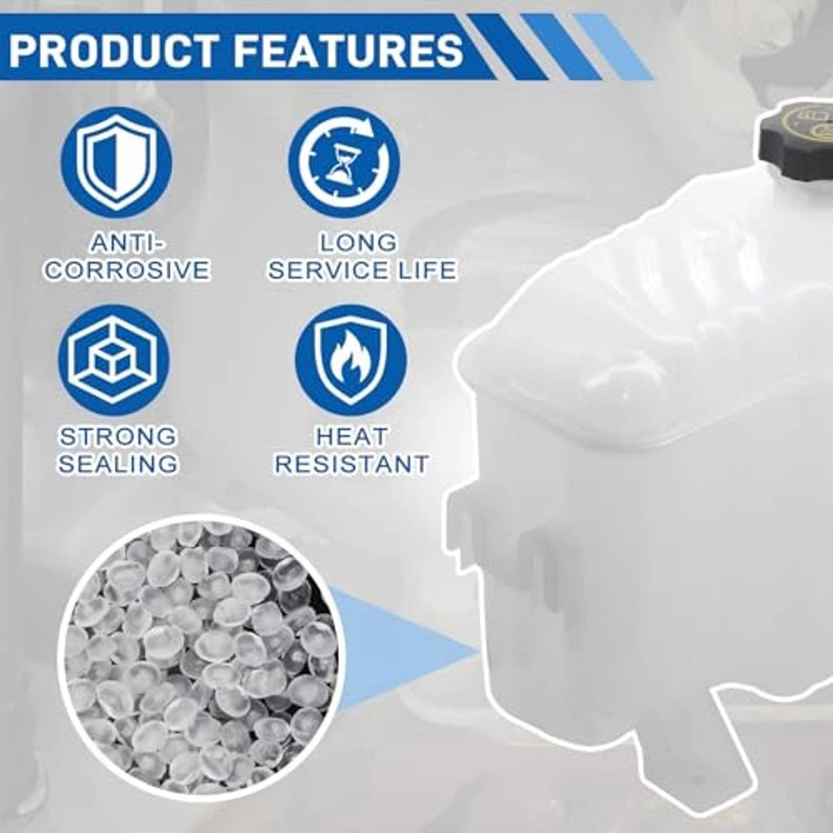 Translucent white coolant overflow reservoir tank with black cap and sensor, 3/4 view