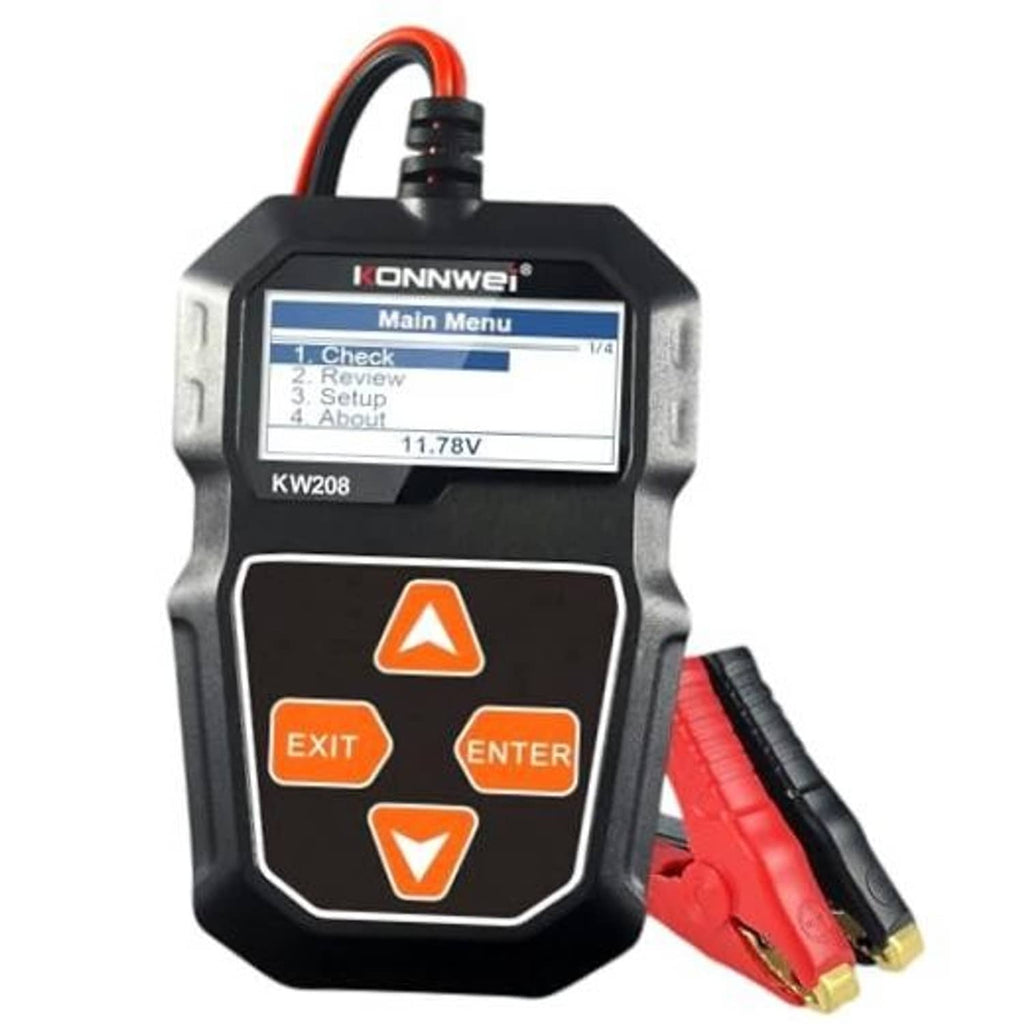 KONNWEI KW208 car battery tester with red/black clamps and LCD main menu screen