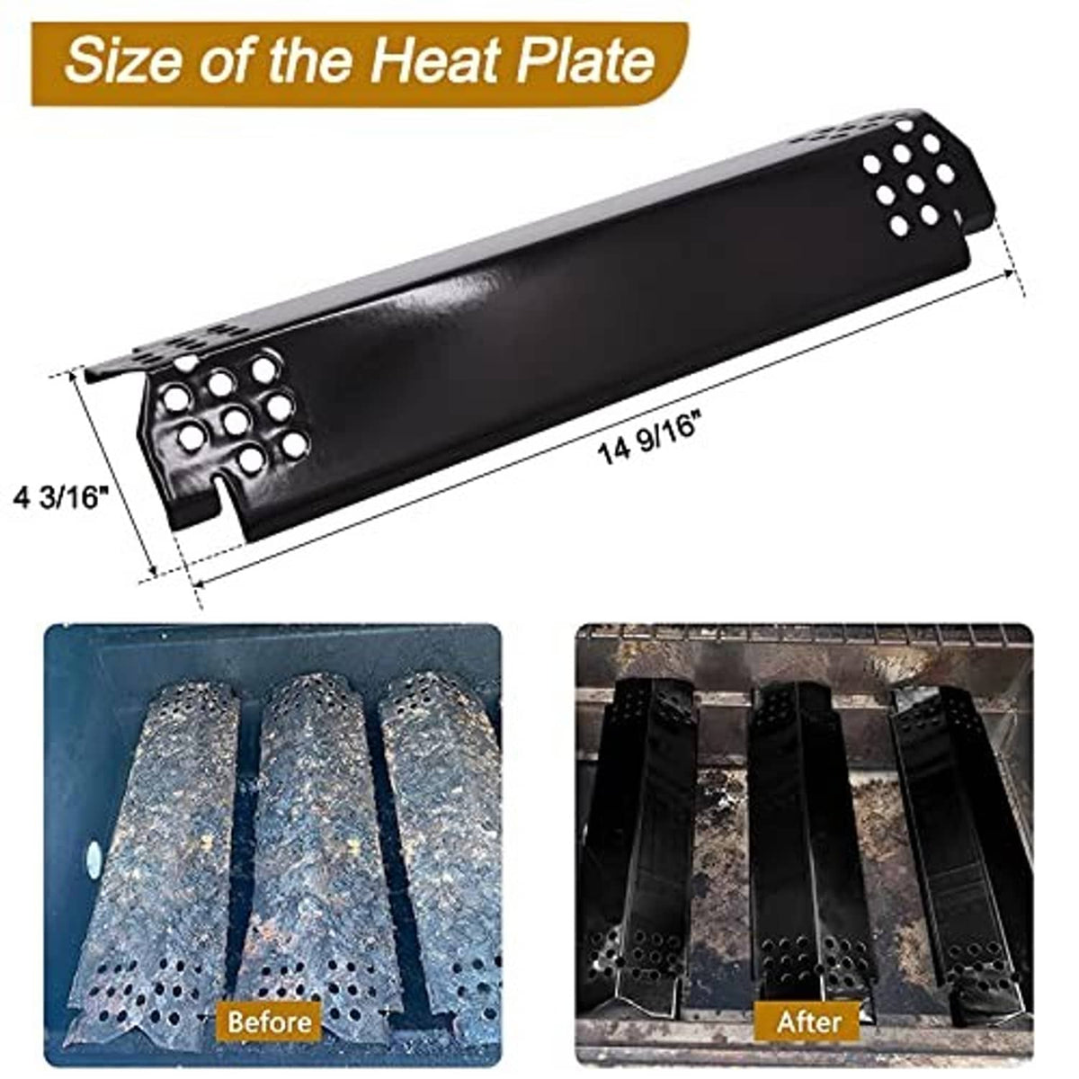 Black grill heat plate bar with perforated vent holes and size guides