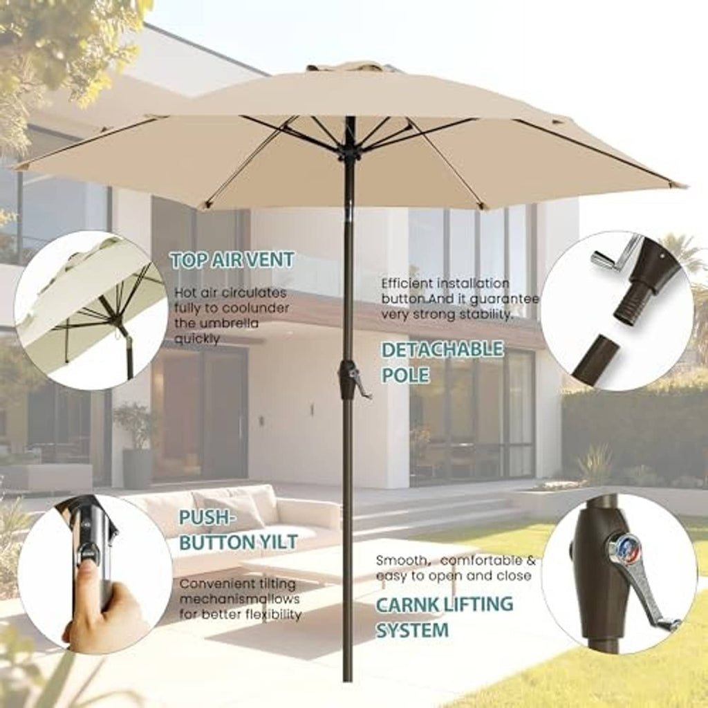 Beige patio umbrella with tilt control, air-vent top, and detachable pole design