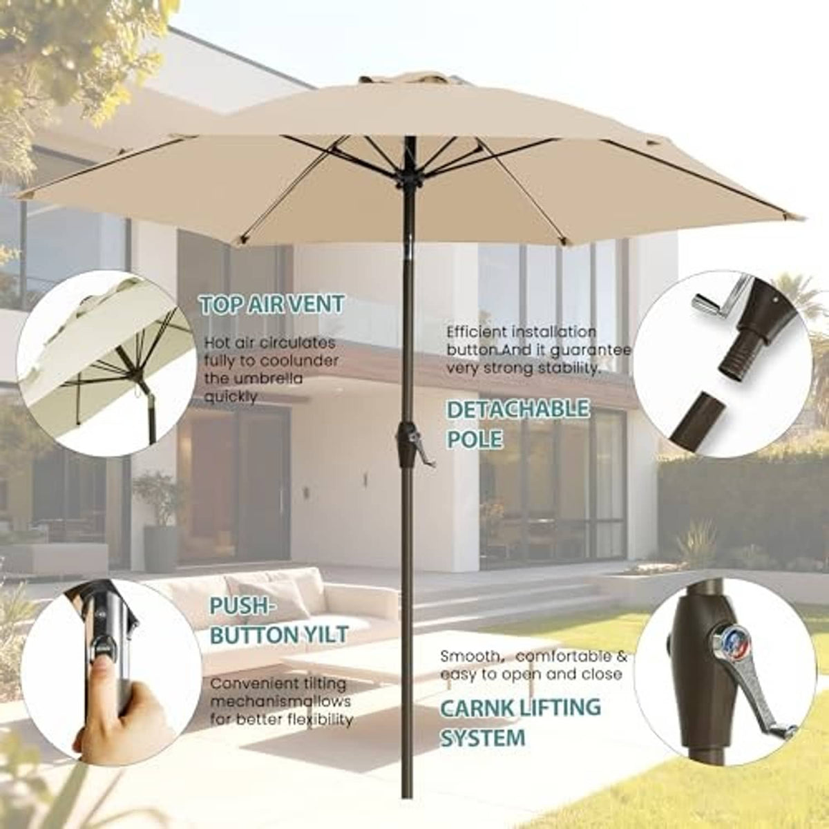 Beige patio umbrella with tilt control, air-vent top, and detachable pole design