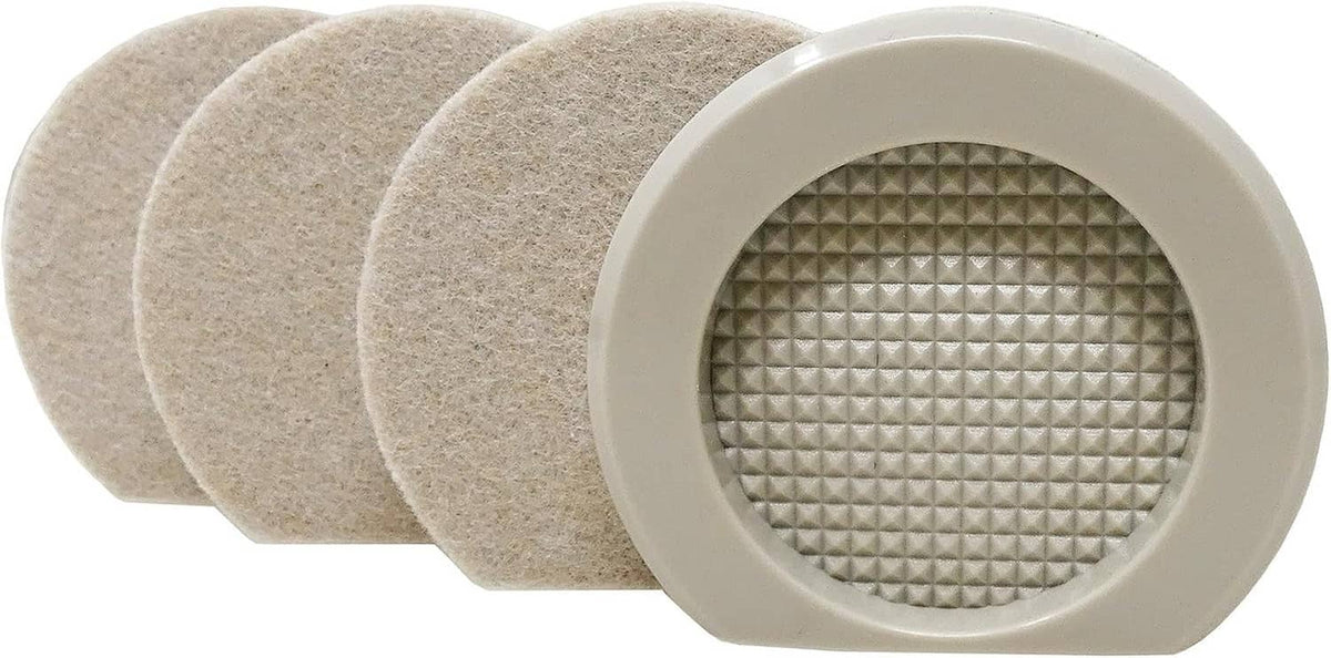 Set of beige felt cupped furniture sliders with white plastic base and textured center