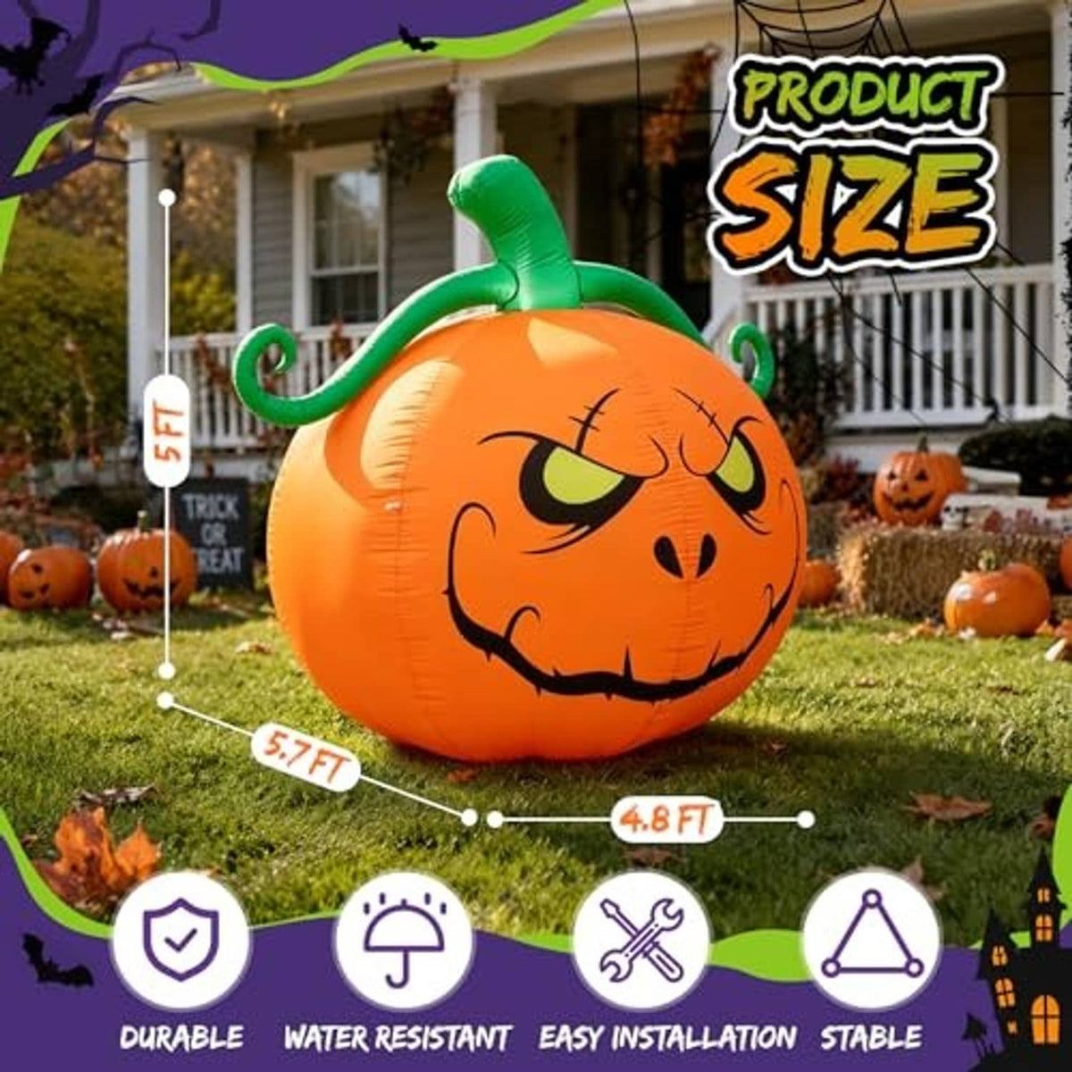 Lighted inflatable jack-o'-lantern pumpkin decoration with green stem and grinning face