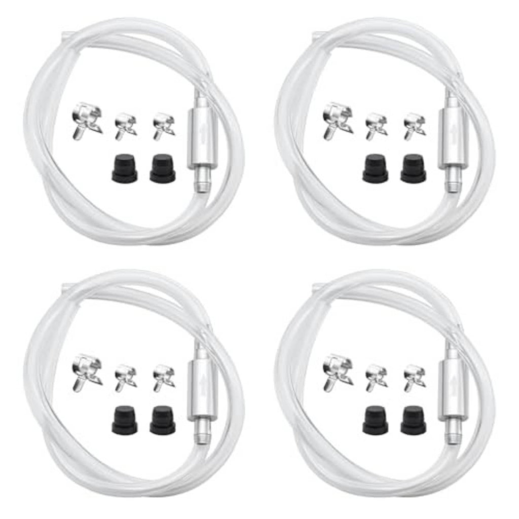 Four-piece brake bleeder hose kit with four metal fittings, black caps, and check valve