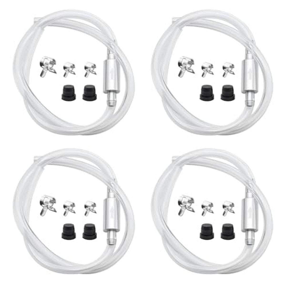 Four-piece brake bleeder hose kit with four metal fittings, black caps, and check valve