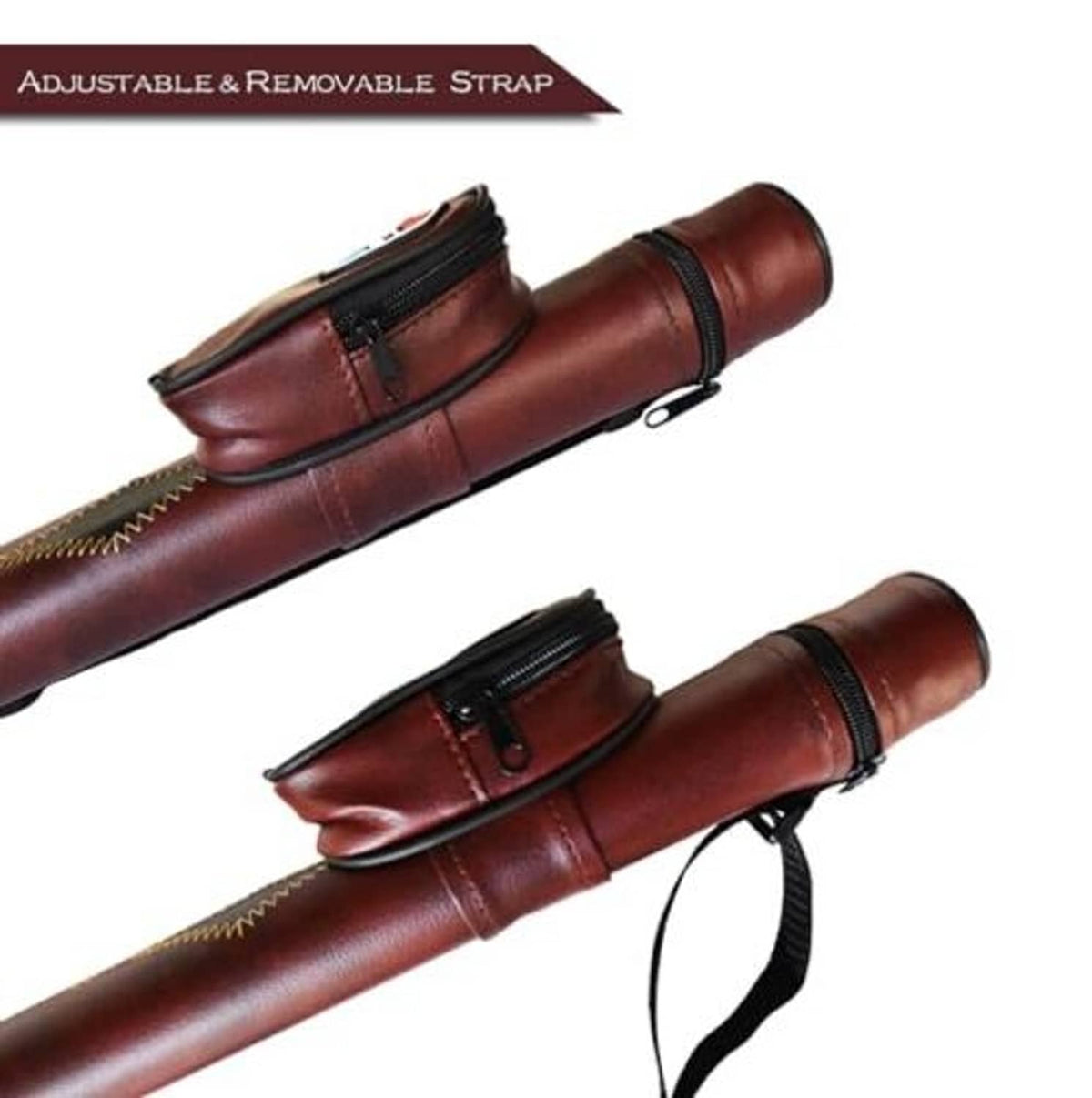 Maroon hard cue case with adjustable removable strap and stitched zippered holder.
