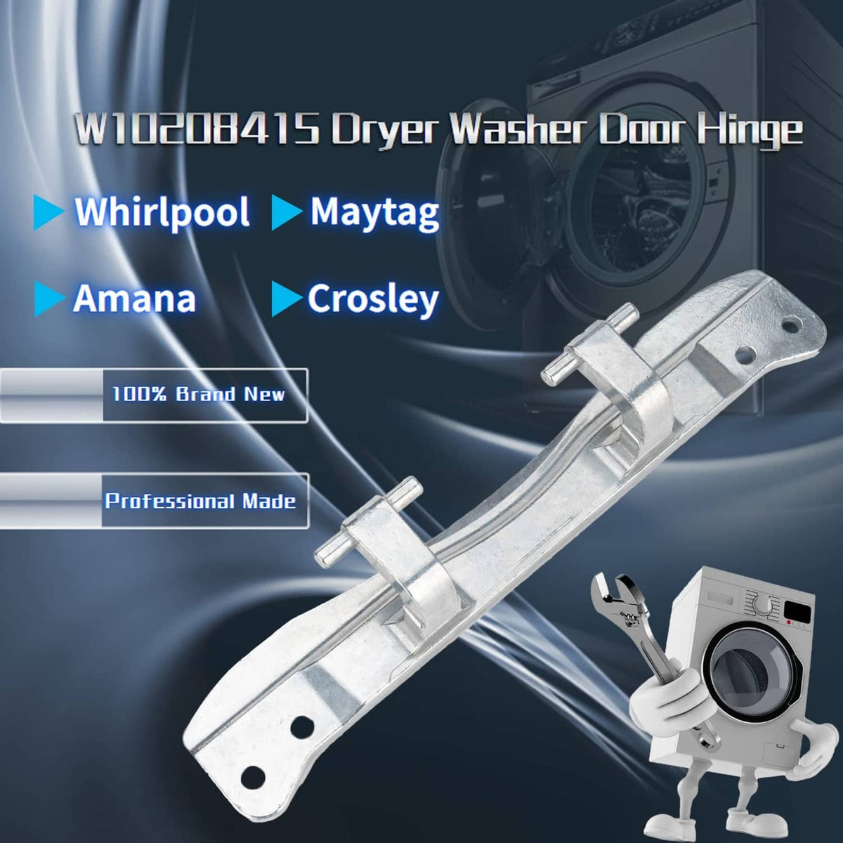 Metal washer dryer door hinge with latch plate and pin-style mounting posts
