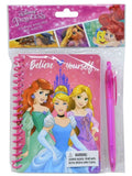 Pink spiral notebook with Disney princess cover, includes matching pink pen in bag
