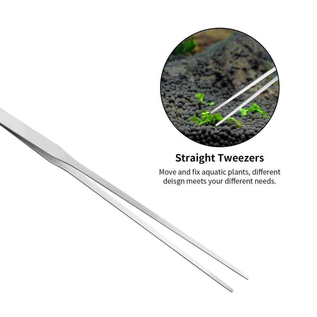 Straight metal aquascaping tweezers with pointed tips, silver finish
