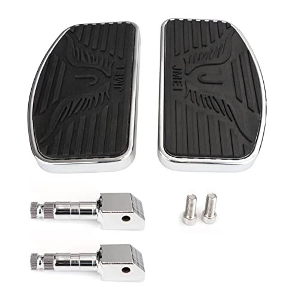 Motorcycle floorboard foot pegs with black tread pads, screws, and silver mounting hardware