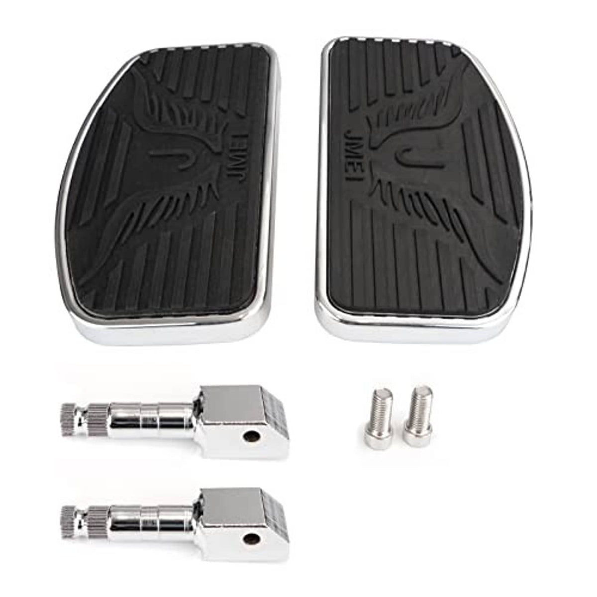 Motorcycle floorboard foot pegs with black tread pads, screws, and silver mounting hardware