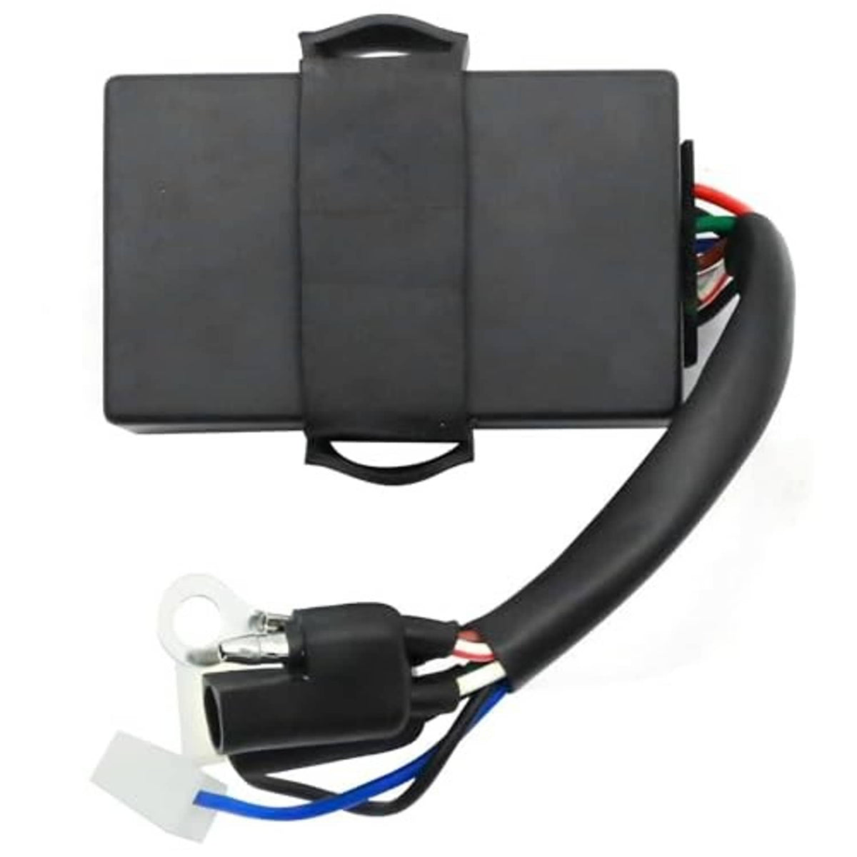 Black ignition module box with bundled wires and mounting strap