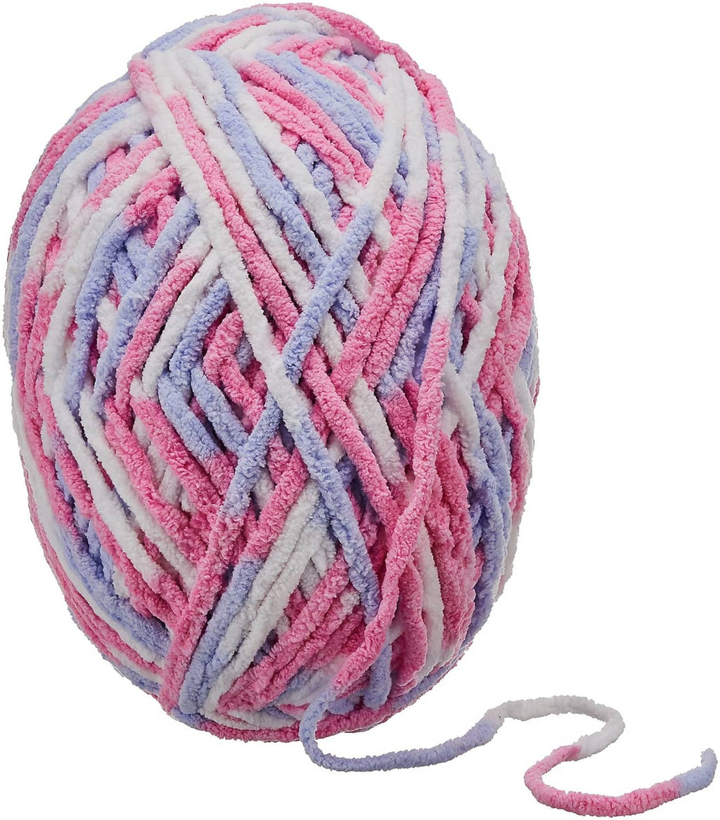 Bernat Baby Blanket chenille yarn ball in pink, blue, and white ombre